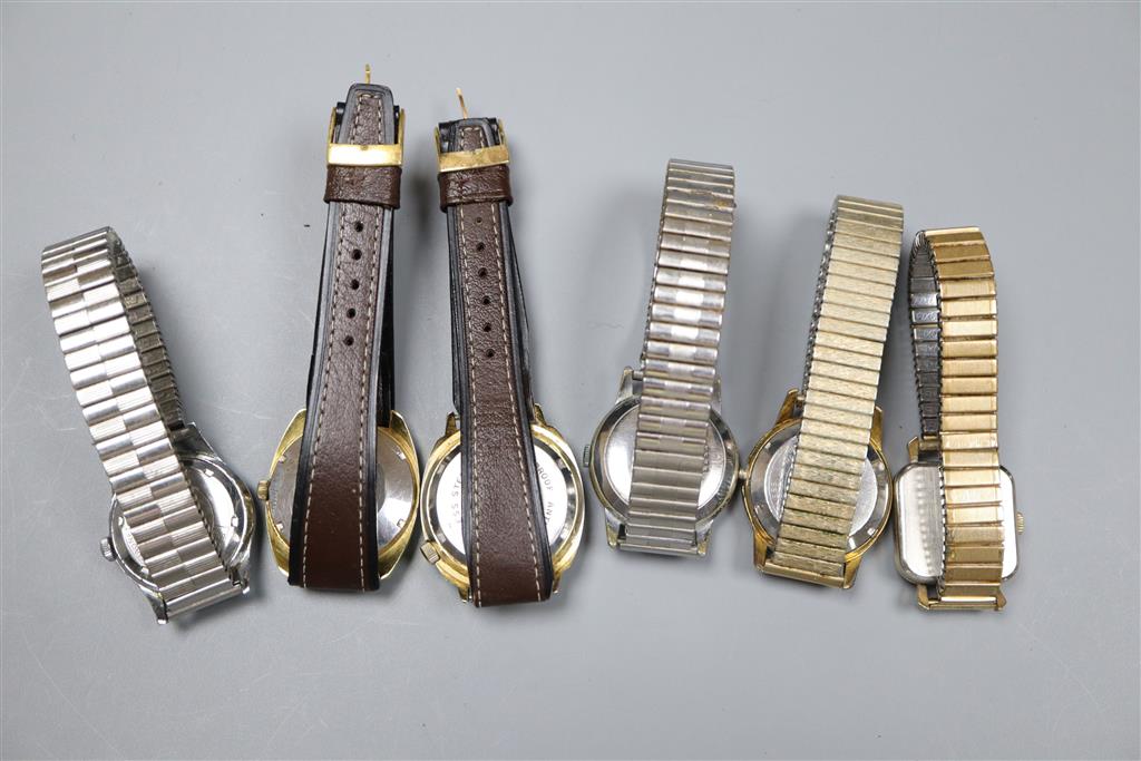 Six assorted wrist watches including Lordson Super De Luxe and Geneva Sport.